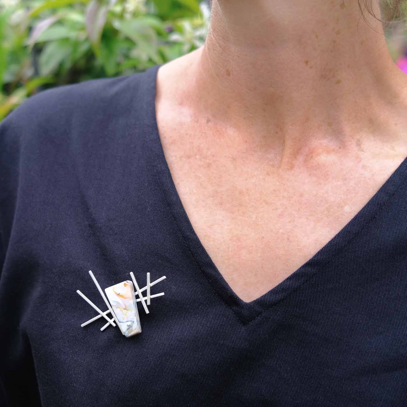 Legacy Brooch in Recycled Marbled Plastic & Silver